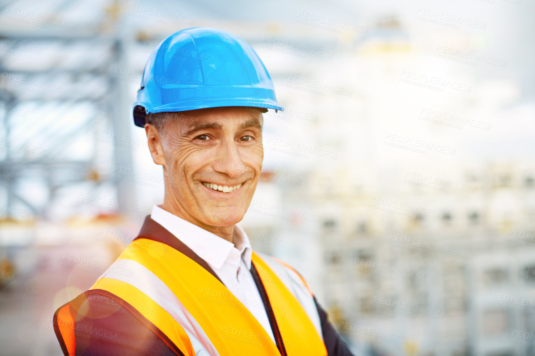 Buy stock photo Freight, dock and portrait of man outdoor for cargo, shipping and logistics or transport. Mature person, happy and port management for dispatch, supply chain and space at terminal depot with helmet
