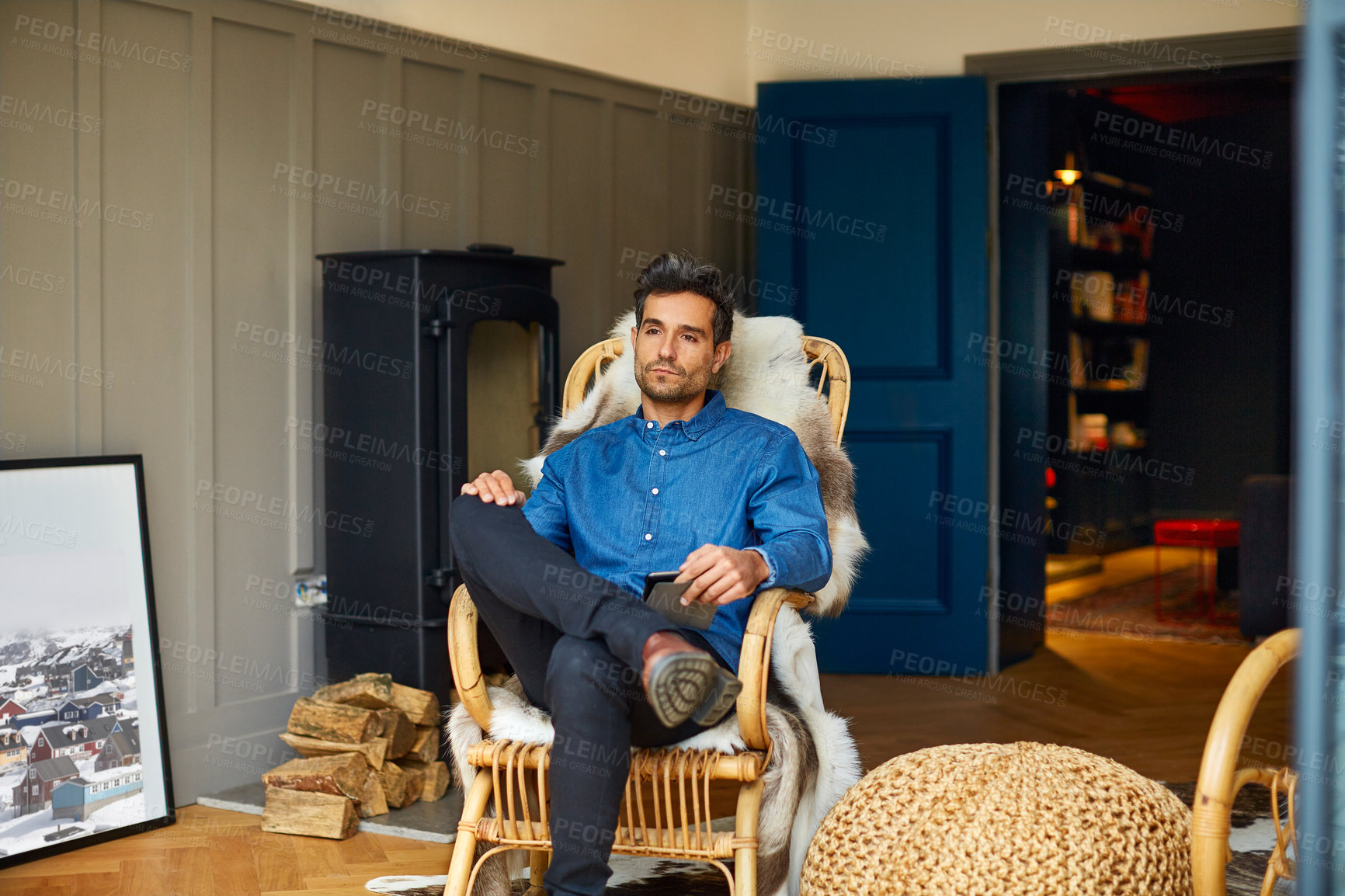 Buy stock photo Tablet, idea and man in home for remote work, financial solution or reflection for problem solving. Rocking chair, vision or serious freelancer with tech, asset consultant or think of investment