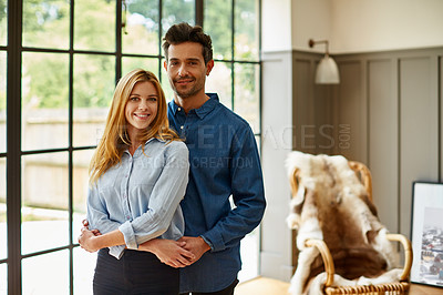 Buy stock photo Portrait of an affectionate couple bonding together at home