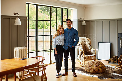 Buy stock photo Portrait of an affectionate couple bonding together at home