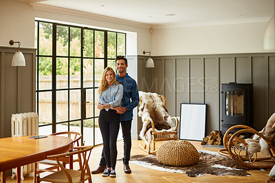 Buy stock photo Portrait of an affectionate couple bonding together at home