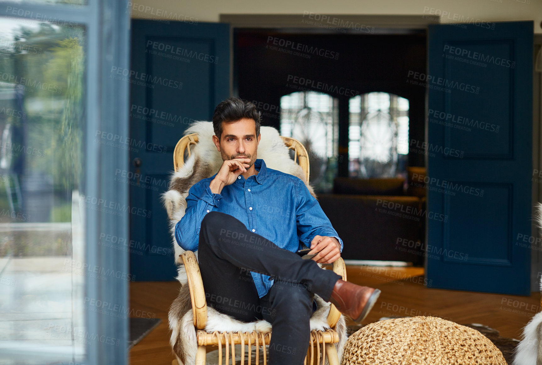 Buy stock photo Tablet, think and man in home for remote work, financial idea or thoughts for problem solving. Rocking chair, vision or serious freelancer with tech, asset consultant or investment decision at window