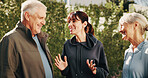 Woman, fitness or coach with senior group for yoga class, laugh or outdoor wellness together. Active, female person or personal trainer with elderly couple or smile for health discussion in park