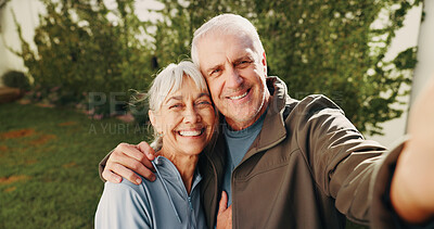 Buy stock photo Elderly couple, portrait and smile for selfie together in backyard for love, care and support in retirement. Happy, senior man and woman with photography for profile picture, social media and memory