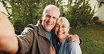 Old couple, portrait and smile for selfie together in backyard for love, care and support in retirement. Happy, senior man and woman with photography for profile picture, social media and memory