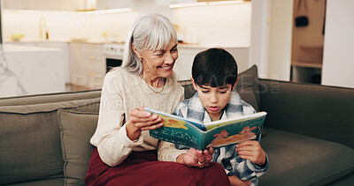 Buy stock photo Love, grandmother and child in home with reading book, childcare or learning together on day off. Happy, grandparent and boy with storytelling, family connection and literature hobby on weekend break