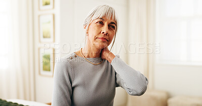 Buy stock photo Neck pain, tired or old woman in house with massage, burnout or joint strain in muscle injury. Tendinitis, bad posture or senior person with discomfort, stiffness or cervical sprain in retirement.