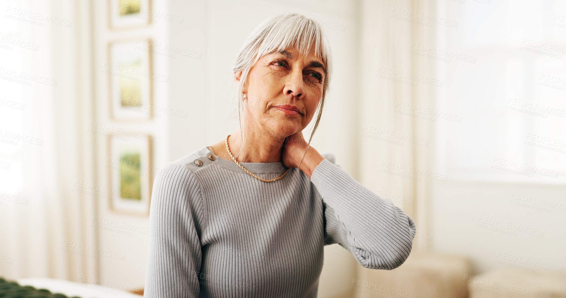 Buy stock photo Neck pain, tired or old woman in house with massage, burnout or joint strain in muscle injury. Tendinitis, bad posture or senior person with discomfort, stiffness or cervical sprain in retirement.