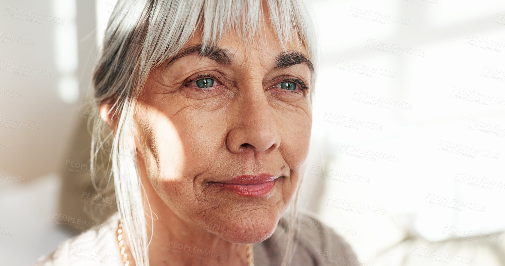Buy stock photo Calm, senior woman and thinking on break, nostalgia and remember past memory or contemplating choice. Retirement, decision and old person with smile for thoughts, reflection and daydream on weekend