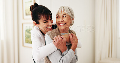 Buy stock photo Hug, laughing and woman with senior parent in home for bonding, relationship or visit. Care, funny and smile of adult daughter embracing mother in apartment together for connection or retirement