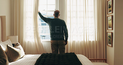 Buy stock photo Back, old man and open curtain in bedroom, start day and check weather for morning routine. Thinking, senior person or window in home for sunlight, outdoor view and weekend perspective for retirement