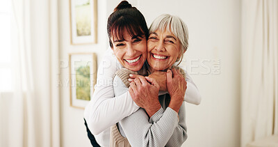 Buy stock photo Hug, portrait and woman with senior parent in home for bonding, relationship or visit. Care, love and smile of adult daughter embracing mother in apartment together for connection or retirement