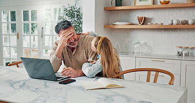 Buy stock photo Stress, father and remote work in home with child, interruption and pressure for multitasking. Irritated, man and headache at house with laptop, productivity loss and clingy kid for attention seeking