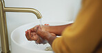 Tap, water and kid washing hands in bathroom with disinfection, wellness and bacteria prevention. Child, cleaning skin and dirt removal in home with hygiene, healthy habits and protection from germs.