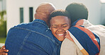 Smile, parents and child in backyard with hug, love and parental affection for bonding together. Happy, black family and kid outdoor with embrace, connection and childcare for weekend break at house