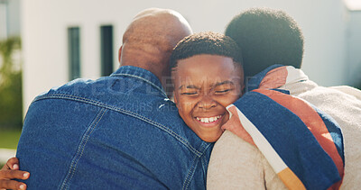 Buy stock photo Smile, parents and child in backyard with hug, love and parental affection for bonding together. Happy, black family and kid outdoor with embrace, connection and childcare for weekend break at house