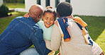 Smile, grandparents and child in backyard with hug, love and affection for bonding together. Happy, senior people and kid outdoor with embrace, connection and childcare for weekend break at house