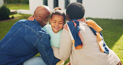Buy stock photo Smile, grandparents and child in backyard with hug, love and affection for bonding together. Happy, senior people and kid outdoor with embrace, connection and childcare for weekend break at house