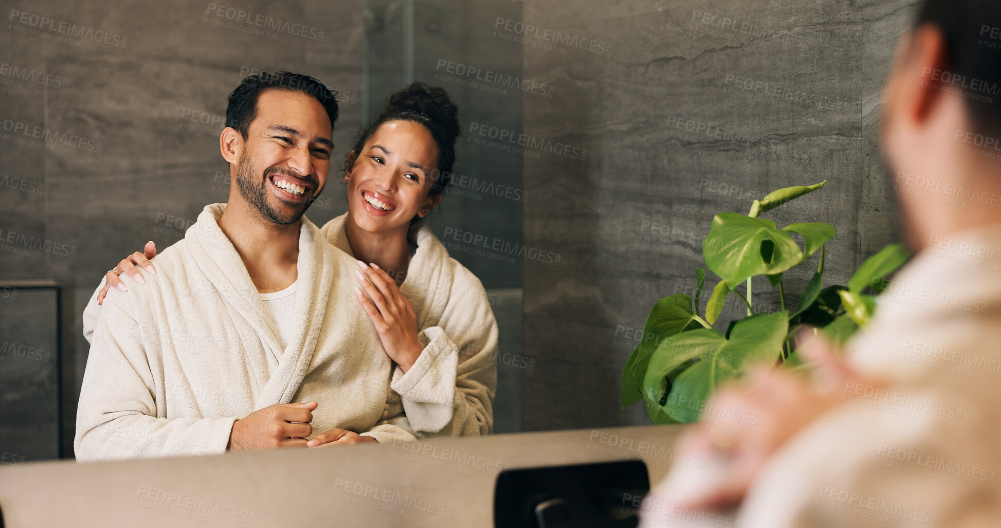 Buy stock photo Skincare, smile and mirror with couple in bathroom of home for morning routine, support and hug. Love, beauty and hygiene with man and woman in apartment for cosmetics, wellness and self care