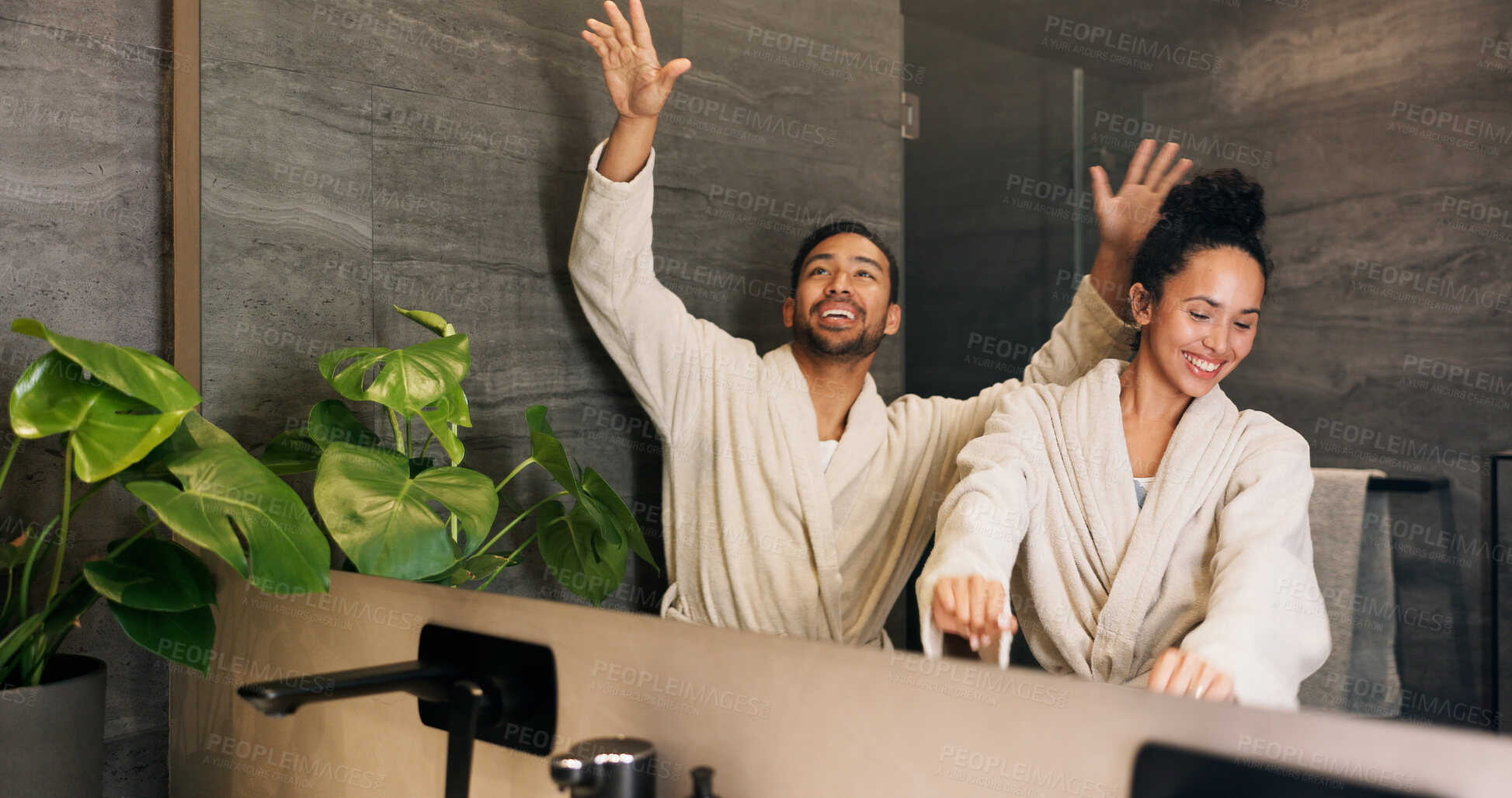 Buy stock photo Dance, mirror and couple excited in bathroom of home for bonding, love or morning routine. Having fun, reflection and rhythm with happy people in apartment together for hygiene, support or wellness