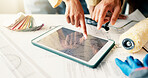 Tablet screen, hands and civil engineers in office with blueprint for building development. Digital technology, planning and team of architects with online floor plan for renovation or repairs.