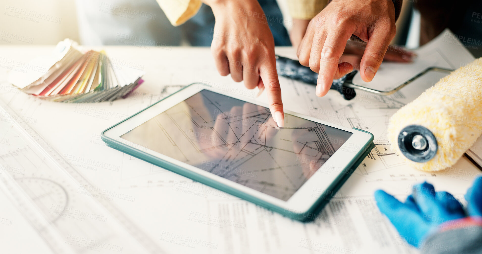Buy stock photo Tablet screen, hands and civil engineers in office with blueprint for building development. Digital technology, people and team of architects with online floor plan for renovation or repairs.