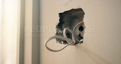Buy stock photo Wall, cable and fitting with outlet for electrical work, protection or wiring safety in building. Empty, hole or electric installation with power for system maintenance, repair or home improvement