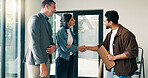 Couple, handshake and meeting with contractor in new house for opportunity or investment. Deal, project approval and shaking hands with happy people in real estate development for home improvement
