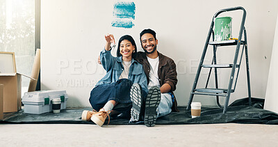 Buy stock photo Remodeling, portrait and couple in home with key, investment and fresh start in dream house. Real estate, purchase or people with renovation, property success or moving achievement for new homeowners