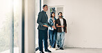 Couple, relocation and tour with realtor in new home for opportunity, sale or viewing. Bond approval, mortgage loan and property with buyer people in real estate space for development or purchase