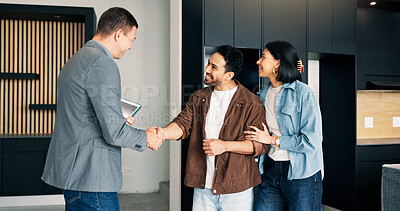 Buy stock photo Couple, handshake and relocation with realtor in new home for deal, sale agreement or investment. Bond approval, mortgage loan and thank you with happy people shaking hands in real estate development