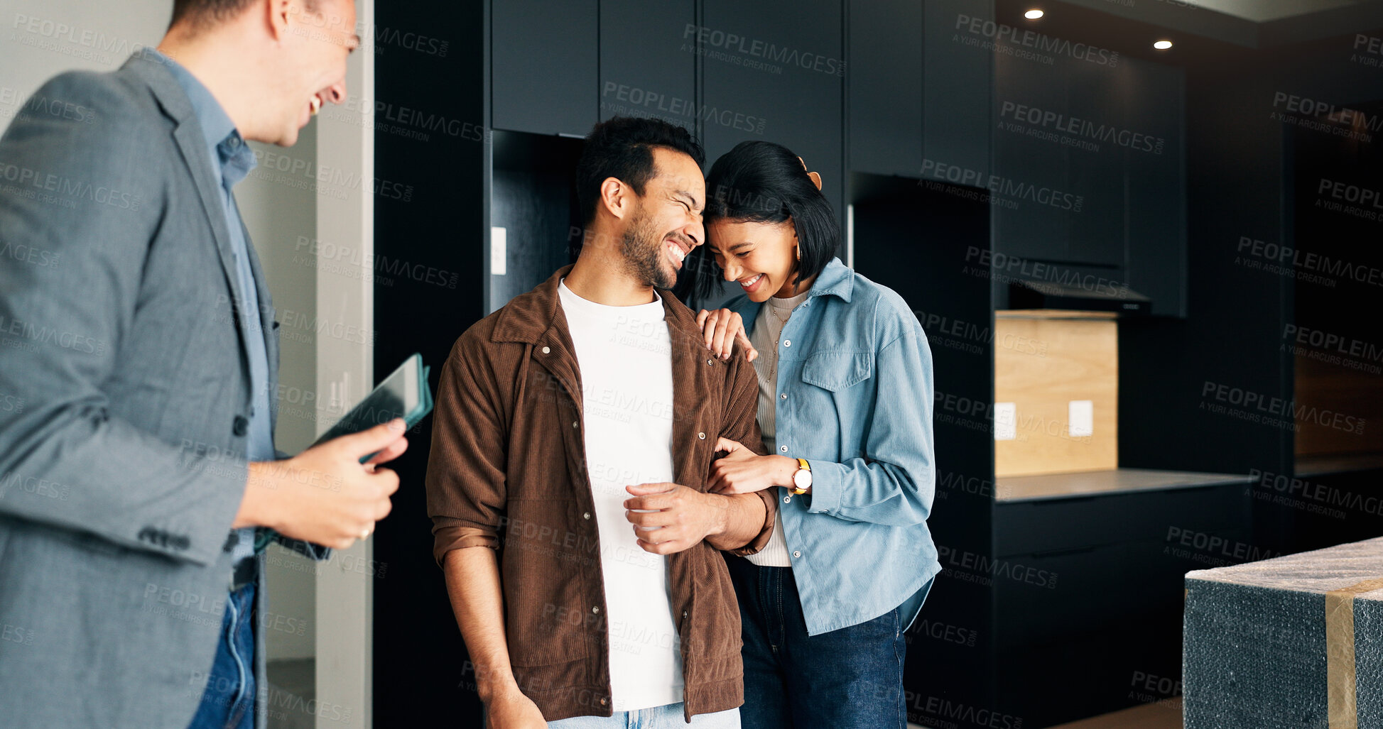 Buy stock photo Couple, laughing and relocation with realtor in new home for opportunity, sale or viewing. Achievement, bond approval and mortgage loan with funny people in real estate development for purchase