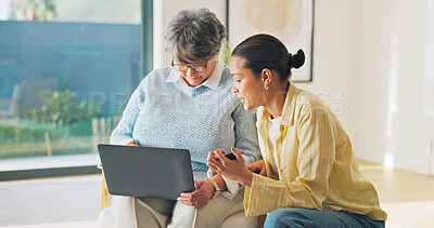 Buy stock photo Credit card, old woman or daughter in home with laptop, checkout help or eft transaction in senior care. Support, elderly parent or person with tech, online payment or cashless purchase in retirement