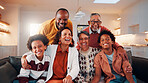 Portrait, family and children at house with smile, love or parental affection for bonding together. Happy, parents or kids in living room with grandparents, connection and childcare for weekend break