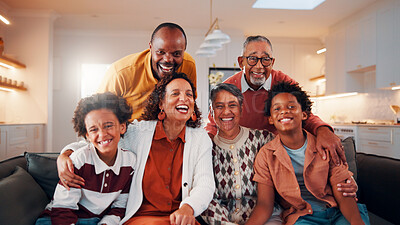 Buy stock photo Portrait, family and children at house with smile, love and parental affection for bonding together. Happy, parents and kids in lounge with grandparents, generations and childcare for weekend break