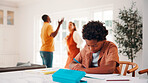 Learning, child and parents fight in home, writing homework and development disruption. Ignore, boy and homeschool with family conflict, study and education distraction with separation argument