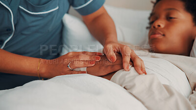 Buy stock photo Mom, holding hands and support for sick child in bedroom, love and empathy for son with flu symptoms. Resting, home and comfort for kid with cold on bed, healing and person with kindness or childcare