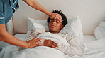 Forehead, hands and parent with sick child in bedroom, health check and monitoring body temperature. Childcare, mom and person with empathy for black kid, support and boy with flu symptoms in home
