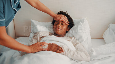 Buy stock photo Forehead, hands and parent with sick child in bedroom, health check and monitoring body temperature. Childcare, mom and person with empathy for black kid, support and boy with flu symptoms in home