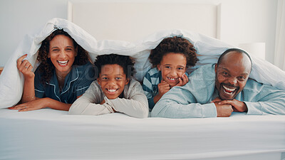 Buy stock photo Fun, smile or black family in bedroom with portrait, connection or bonding together on day off. Sheets, parents or children in home with love, happy relationship or loving moment on weekend break.