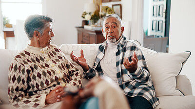 Buy stock photo Old couple, talk and therapist in home for counseling, conflict resolution or tension from argument. Senior people, explain and disbelief at house for therapy, cheating suspicion and legal separation
