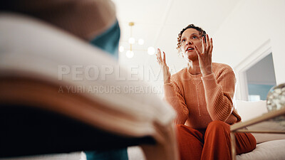 Buy stock photo Consulting, talking and therapy with patient on sofa for mental health or trauma counseling. Conversation, low angle or feedback and mature woman in session with therapist for assistance or help