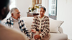 Consulting, talking and therapy with old couple on sofa for mental health or trauma counseling. Conversation, diagnosis or feedback and senior people in session with therapist for assistance or help
