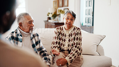 Buy stock photo Consulting, talking and therapy with old couple on sofa for mental health or trauma counseling. Conversation, diagnosis or feedback and senior people in session with therapist for assistance or help