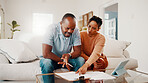 Documents, discussion and couple on sofa in home with budget planning, savings or bills review. Reading, paperwork and African man with woman for investment payout, expenses or asset management.