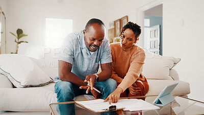Buy stock photo Documents, discussion and couple on sofa in home with budget planning, savings or bills review. Reading, paperwork and African man with woman for investment payout, expenses or asset management.
