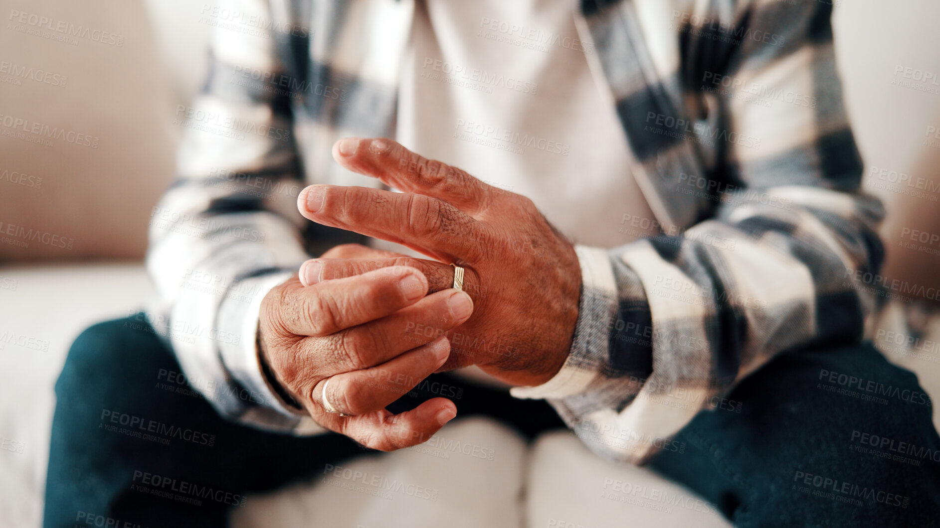 Buy stock photo Hands, ring and thinking with old man on sofa in home living for grief, loss or pain as widower. Lonely, reflection and sad senior person with depression in apartment for relationship nostalgia