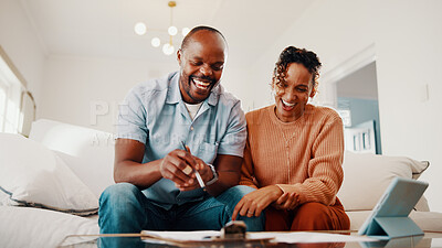 Buy stock photo Documents, sofa and happy couple with finance in home for budget success, planning or report. African man, woman or laugh with paperwork or tablet for financial profit or insurance together in house
