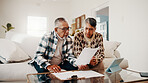 Documents, confused and senior couple on sofa in home with retirement funds, savings or budget. Review, paperwork and elderly man with woman for planning pension, expenses or asset management.