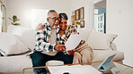 Documents, discussion and senior couple on sofa in home with retirement funds, savings or payout. Happy, paperwork and elderly man with woman for planning pension, expenses or asset management.